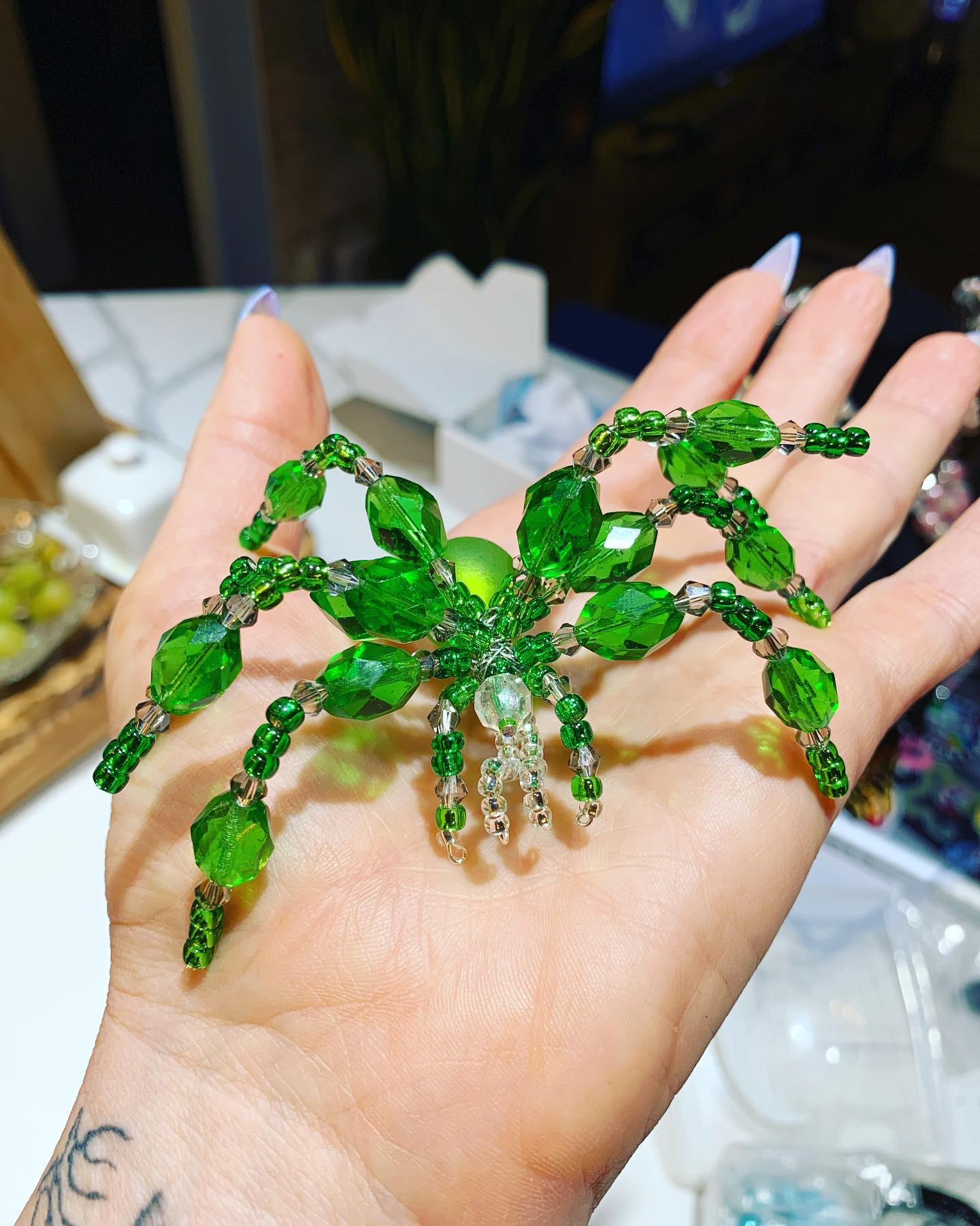 #greenswarovskicrystals #crystalspider #sample I do believe I have my “template” perfected just waiting on my supplies to arrive then onto making an assortment of colours and styles and a few more bugs I’m working on! #jewellerymaking #beading and fun! #greenbeads #greencrystal #craftingideas #broach #holidayspider #christmasspider #spider #wolfspider more fun brought to you by your fave #greeneyed  #dirtyblonde #glamazon #transsexualwoman #lovinglife💞 and #livingitlarge #amazonstyle 💕🖤💕